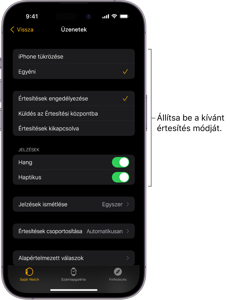 Az Üzenetek beállításai az iPhone Apple Watch appjában. Kiválaszthatja, hogy megjelenjenek-e az értesítések, bekapcsolhatja a hangot, bekapcsolhatja a haptikus jelzéseket, és megismételheti a jelzéseket.