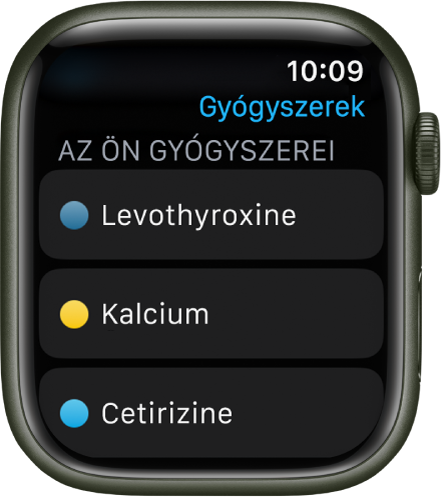 A Gyógyszerek app, amelyben a szedett gyógyszerek és táplálékkiegészítők láthatók.