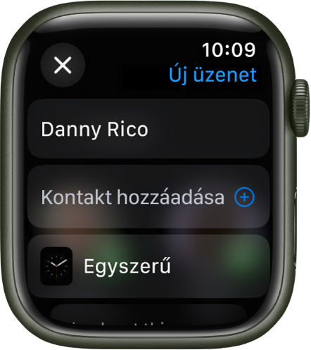 Az Apple Watch képernyőjén egy óraszámlap megosztási üzenet és a fogadó fél neve látható a felső részen. Alább a Kontaktok hozzáadása gomb és az óraszámlap neve látható.
