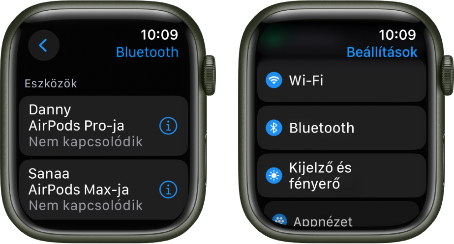 Kép képernyő egymás mellett. A bal oldali képernyőn a Bluetooth eszközök listája látható: Egy AirPods Pro és egy AirPods Max, egyik sincs csatlakoztatva. A jobb oldali kijelzőn a Beállítások képernyője jelenik meg a Wi-Fi, a Bluetooth, a Kijelző és fényerő, illetve az Appnézet gombjaival, amelyek listába vannak rendezve.