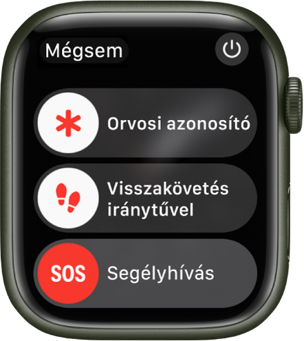Az Apple Watch képernyője, három csúszkával: Orvosi azonosító, Iránytű visszakövetés és Segélyhívás A Bekapcsológomb a jobb felső részen jelenik meg.