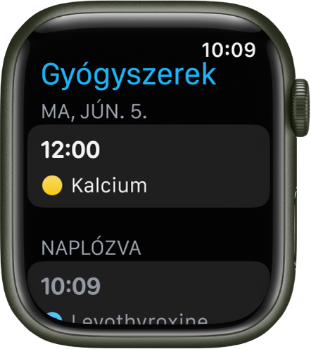 A Gyógyszerek app az ütemezett és naplózott gyógyszerekkel.