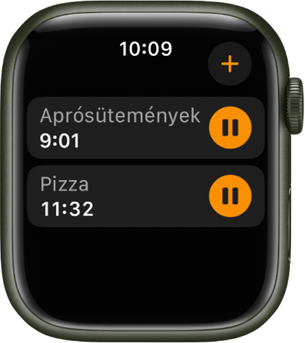 Két időzítő az Időzítők appban. A „Sütik” időzítő felül látható. Alatta a „Pizza” időzítő jelenik meg. Mindkét időzítőn a hátralévő idő látható az időzítő neve alatt, és a szünet gomb a jobb oldalon. A Hozzáadás gomb a jobb felső részen látható.