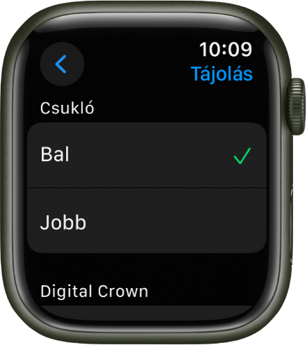 A Tájolás képernyő az Apple Watchon. Megváltoztathatja a csuklóját és a Digital Crown kívánt használati módját.