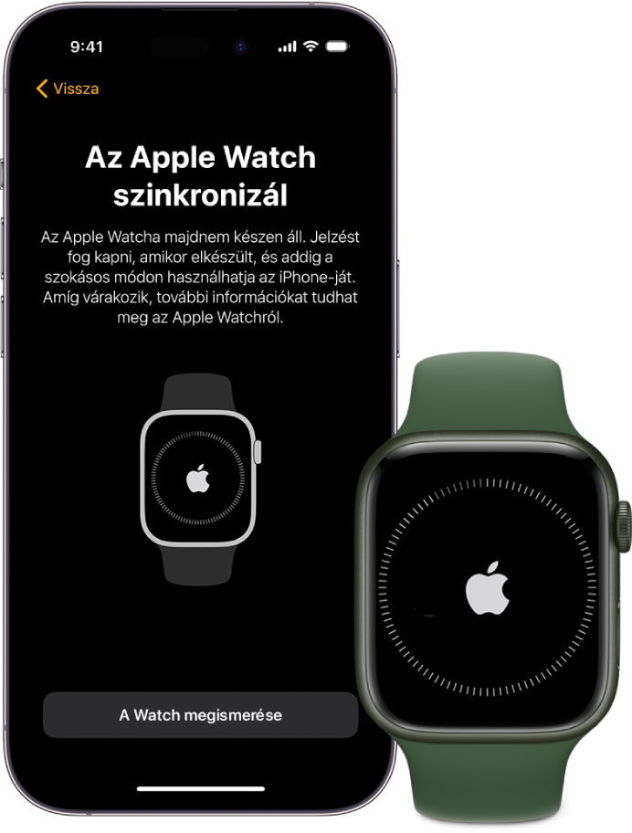 iPhone és az Apple Watch egymás mellett. Az iPhone képernyőjén „Az Apple Watch szinkronizál” üzenet olvasható. Az Apple Watchon a szinkronizálás folyamat látható.