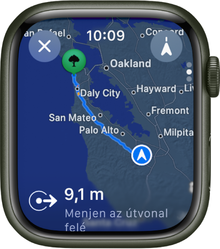 A Térképek app egy autós útvonalterv áttekintésével. Az utazás első útszakasza alul látható.