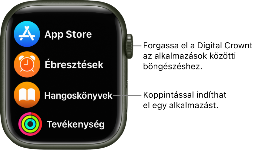 Az Apple Watch Főképernyője listanézetben az appok listájával. Az app megnyitásához koppintson rá. Görgessen a további appok megjelenítéséhez.