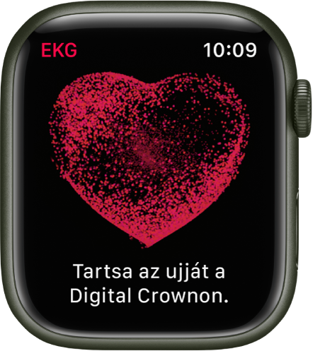 Az EKG app, amelynek képernyőjén egy szív látható a következő szöveggel: „Tartsa az ujját a Digital Crownon”.