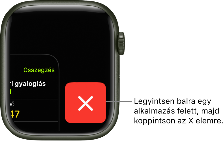 Az Appváltó egy nagy „X” betűvel a jobb, és egy app egy részletével a bal oldalon. Az X elemre koppintva távolíthatja el az appot az Appváltóból.