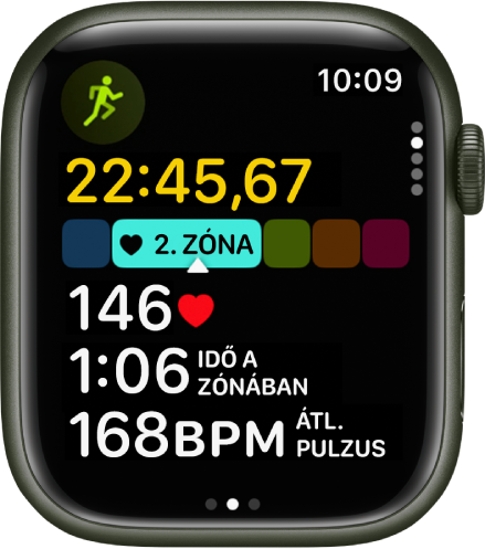 Egy folyamatban lévő futásedzés az edzésből eltelt idővel, az aktuális zónával, a pulzusszámmal, a zónában eltöltött idővel és az átlagos pulzusszámmal.
