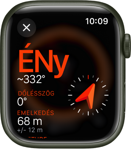 Az Iránytű app az Infó képernyővel. Bal középen az irány látható az iránytű (északnyugati) irányával és a fokkal (332 fok). Alatta az aktuális lejtés és emelkedés látható. A jobb oldalon egy iránytűjelző található. A Bezárás gomb a bal felső részen jelenik meg.