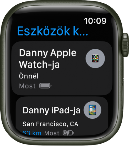 Az Eszközök keresése app két eszközzel: egy Apple Watch és egy iPad.