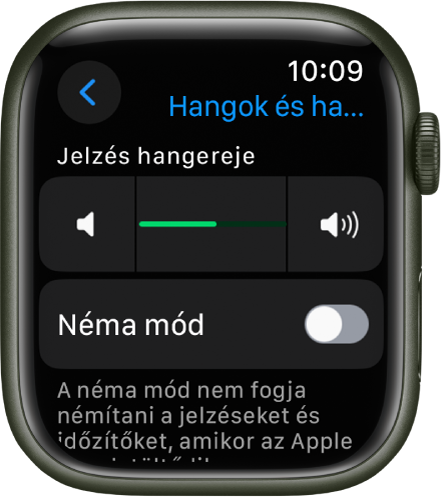 A hangok és haptikus jelzések beállításai az Apple Watchon; felül a Jelzés hangereje, alatta pedig a Néma mód kapcsolója látható.