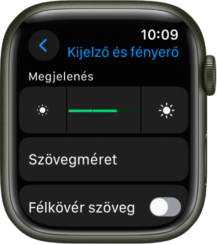 A Kijelző és fényerő beállításai az Apple Watchon; felül a Fényerő csúszka látható, alatta pedig a Szövegméret gomb.
