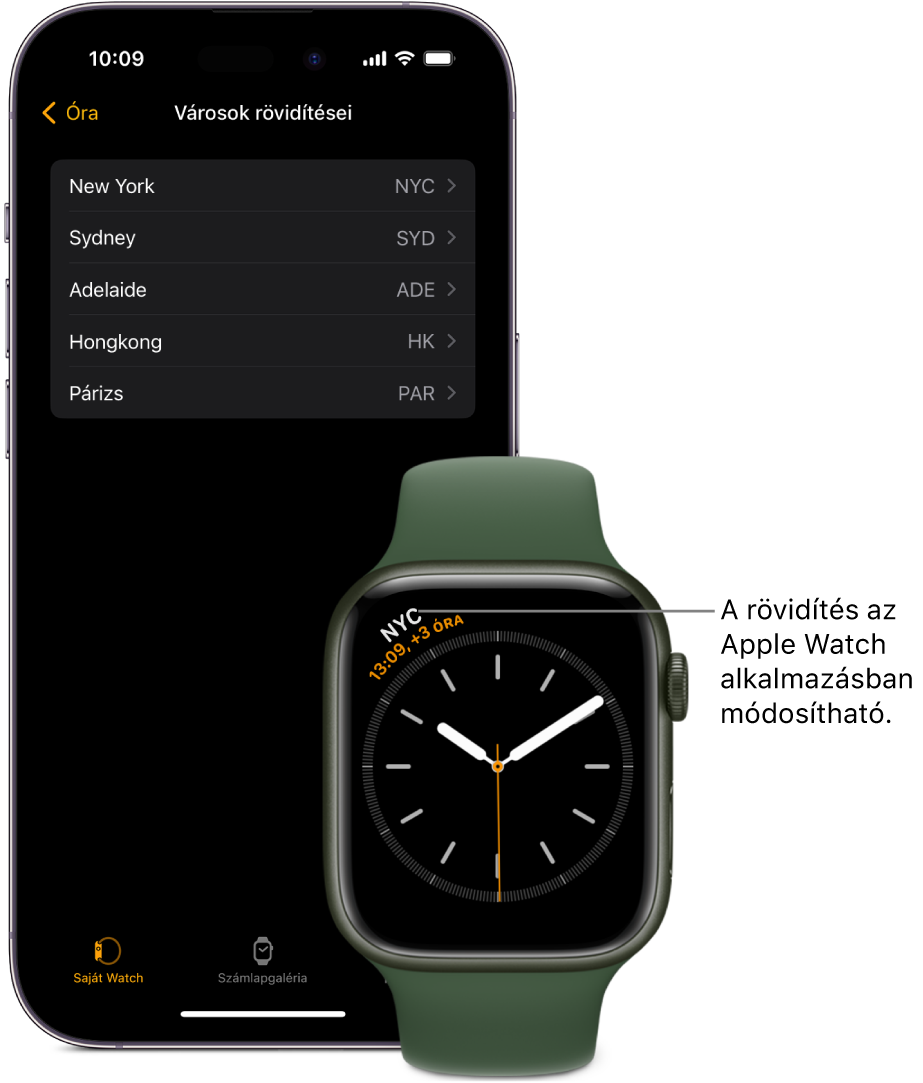 iPhone és az Apple Watch egymás mellett. Az Apple Watch képernyője, amelyen a New York-i pontos idő látható (New Yorkot a NYC rövidítés jelöli). Az iPhone képernyőjén a városok listája látható az Apple Watch app Óra beállításaiban érhető el.
