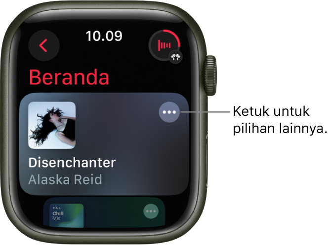 App Musik menampilkan layar Beranda dengan satu album yang ditampilkan. Tombol Pilihan Lainnya di sebelah kanan. Di kanan atas terdapat tombol Sedang Diputar. Tombol Kembali berada di kiri atas.