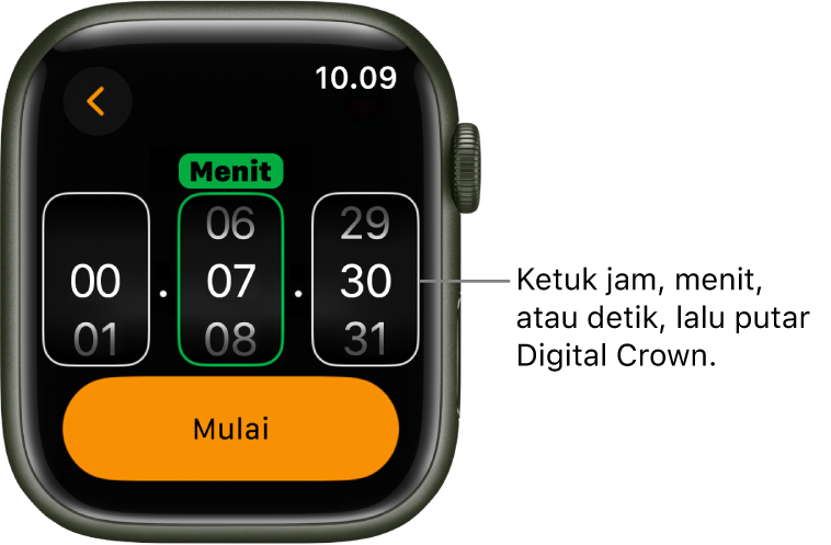 Pengaturan untuk membuat timer khusus, dengan jam di sebelah kiri, menit di sebelah tengah, dan detik di sebelah kanan. Tombol mulai terdapat di bawah.