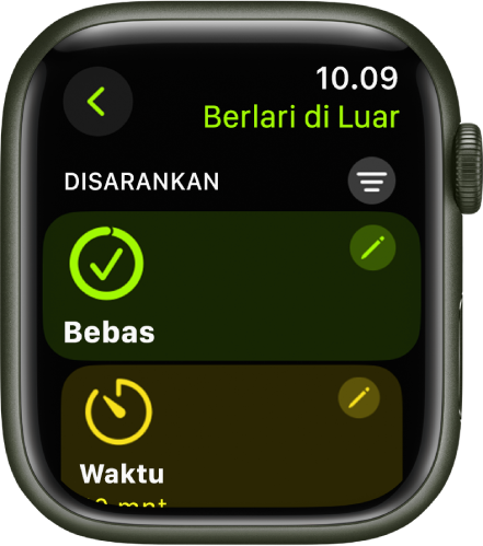 App Olahraga menampilkan layar untuk mengedit olahraga Berlari Di Luar. Ubin Terbuka berada di tengah dengan tombol Edit di kanan atas. Bagian ubin Waktu ada di bawah.