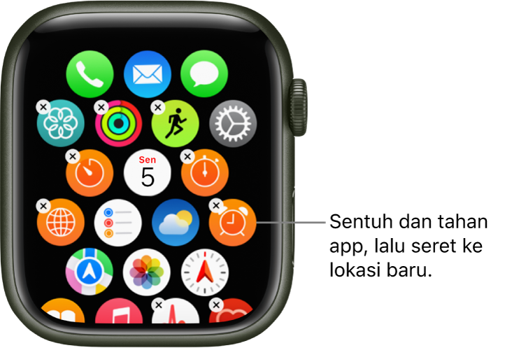 Layar Utama Apple Watch dalam tampilan grid.