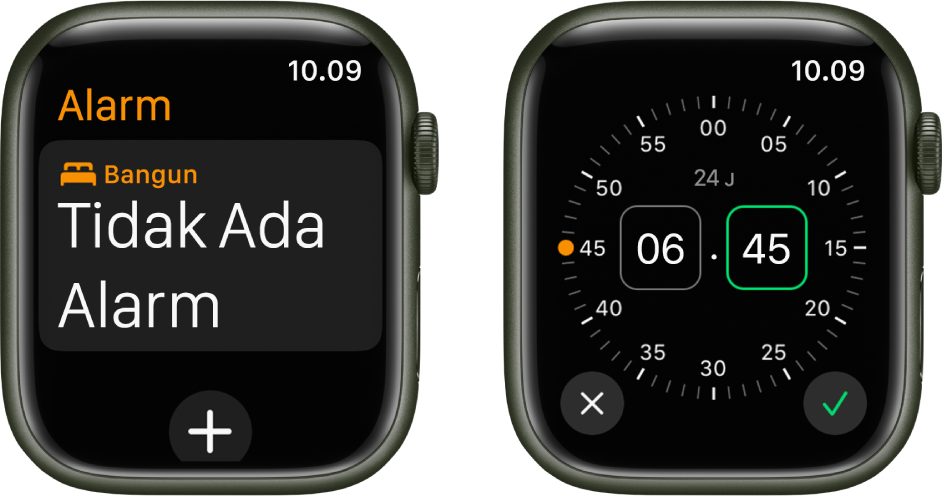 Dua layar jam menampilkan proses untuk menambahkan alarm: Ketuk Tambah Alarm, ketuk AM atau PM, putar Digital Crown untuk menyesuaikan waktu, lalu ketuk tombol centang.