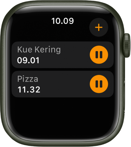 Dua timer di app Timer. Timer bernama “Cookies” berada di dekat bagian atas. Di bawahnya terdapat timer bernama “Pizza”. Setiap timer menampilkan waktu tersisa di bawah nama timer dan tombol jeda di sebelah kanan. Tombol Tambah ada di kanan atas.