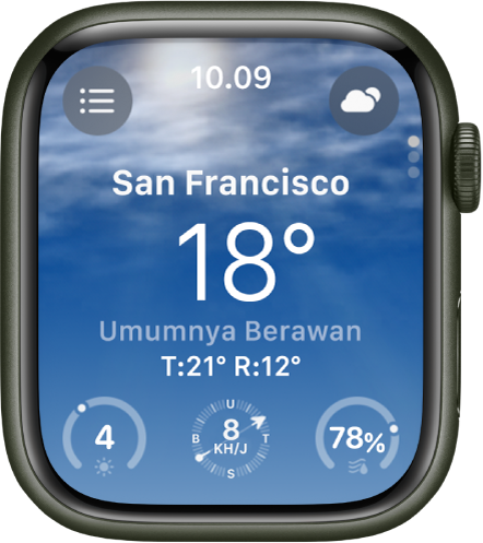 App Cuaca menampilkan tinjauan cuaca untuk hari ini. Nama lokasi muncul dengan suhu saat ini di bawah. Tiga tombol berada di bagian bawah—Indeks UV, Kecepatan Angin, dan Presipitasi. Tombol Daftar Lokasi terdapat di kiri atas dan tombol Kondisi di kanan atas.