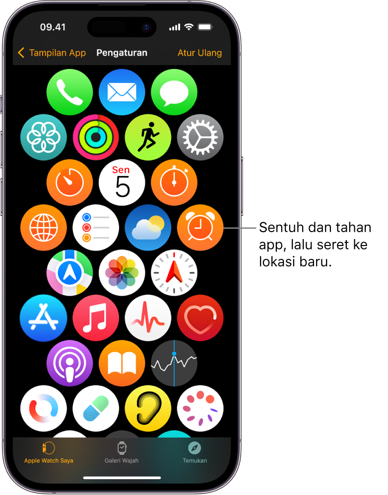 Layar Susunan pada app Apple Watch menampilkan grid ikon.
