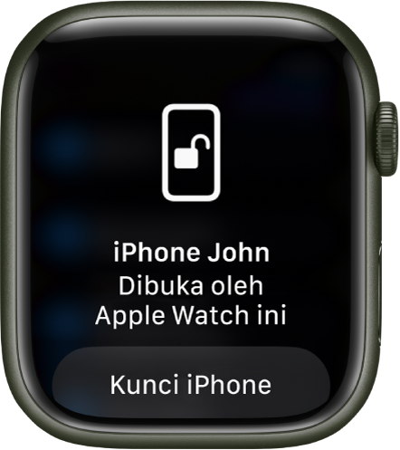 Layar Apple Watch kalimat berbunyi “iPhone John dibuka oleh Apple Watch ini”. Tombol Kunci iPhone di bawah.