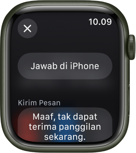 App Telepon menampilkan pilihan panggilan masuk. Tombol Jawab di iPhone berada di bagian atas dan saran balasan terdapat di bawah.
