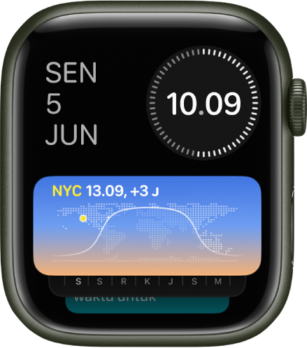 Tumpukan Cerdas di Apple Watch menampilkan tiga widget: Hari dan tanggal di kiri atas, waktu digital di kanan atas, dan Jam Dunia di tengah.