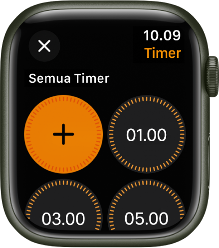 Layar app timer, menampilkan tombol tambah untuk membuat timer baru, dan timer cepat untuk 1, 3, atau 5 menit.