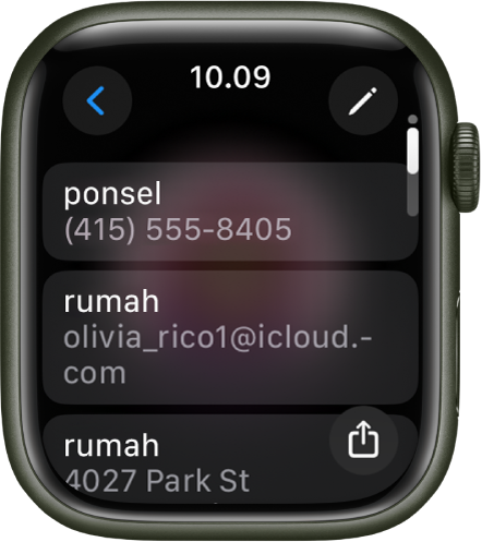 App Kontak menampilkan detail kontak. Tombol edit muncul di kanan atas. Tiga bidang muncul di bagian tengah layar—nomor telepon, alamat email, dan alamat rumah. Tombol Bagikan berada di kanan bawah dan tombol Kembali di kiri atas.