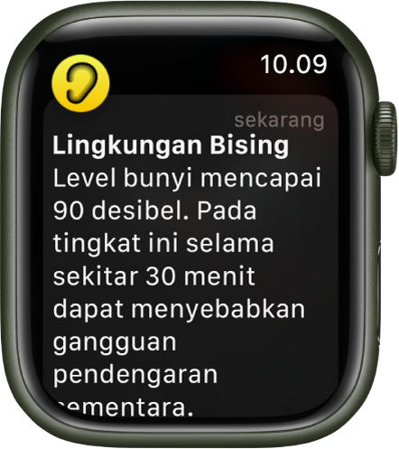 Apple Watch menampilkan pemberitahuan Kebisingan. Ikon untuk app yang terkait dengan pemberitahuan akan muncul di kiri atas. Anda dapat mengetuknya untuk membuka app.