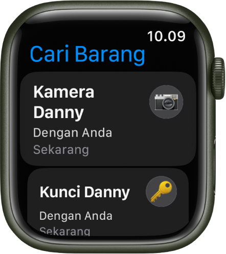 App Cari Barang menunjukkan bahwa AirTag yang terpasang ke kamera dan kumpulan kunci ada dengan Anda.