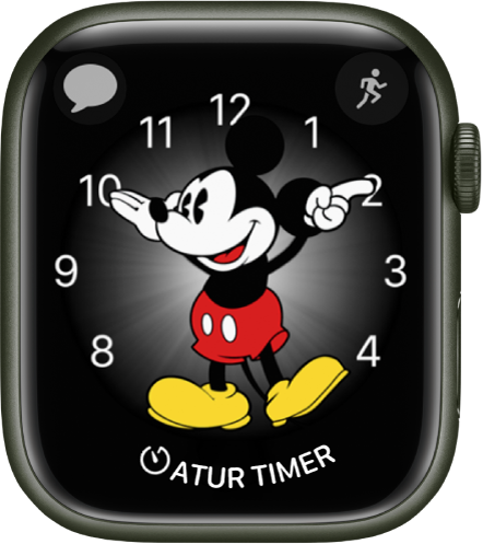 Wajah jam Mickey Mouse, di mana Anda dapat menambahkan banyak komplikasi. Wajah jam ini menampilkan tiga komplikasi: Pesan di bagian kiri atas, Olahraga di bagian kanan atas, dan Timer di bagian bawah.
