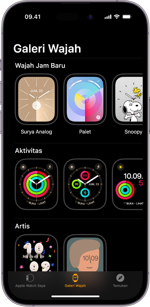 App Apple Watch dibuka ke Galeri Wajah. Baris atas menampilkan wajah yang baru, baris berikutnya menampilkan wajah jam yang dikelompokkan menurut jenis—Aktivitas dan Artis, misalnya. Anda dapat menggulir untuk melihat wajah lainnya yang dikelompokkan menurut jenis.