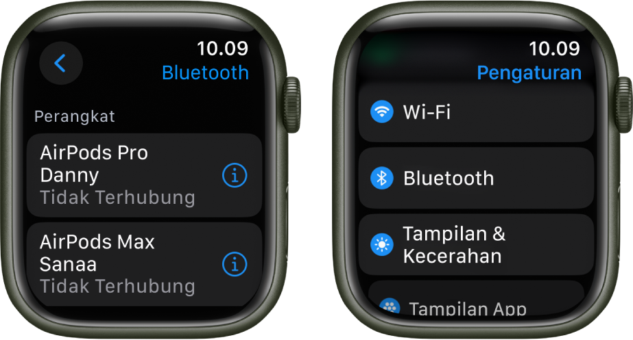 Dua layar berdampingan. Di sebelah kiri terdapat layar yang mencantumkan dua perangkat Bluetooth yang tersedia: AirPods Pro dan AirPods Max, tidak satu pun terhubung. Di sebelah kanan terdapat layar Pengaturan, menampilkan tombol Wi-Fi. Bluetooth, Tampilan & Kecerahan, dan tombol Tampilan App dalam daftar.