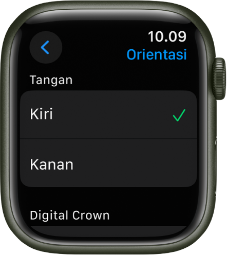 Layar Orientasi pada Apple Watch. Anda dapat mengatur preferensi pergelangan tangan dan Digital Crown Anda.