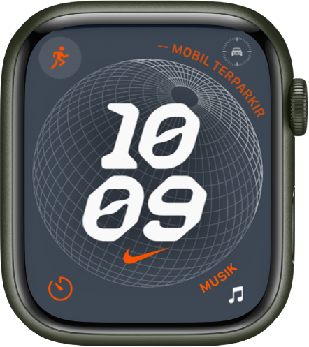 Wajah jam Nike Globe menampilkan jam digital di tengah dengan empat komplikasi: Olahraga terdapat di bagian kiri atas, Titik Jalan Mobil Terparkir di bagian kanan atas, Timer di bagian kiri bawah, dan Musik di bagian kanan bawah.
