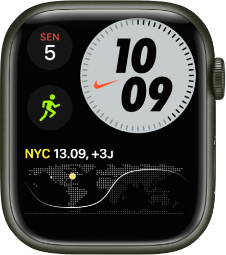 Wajah jam Nike Compact menunjukkan hari dan tanggal di kiri atas, waktu di kanan atas, komplikasi Olahraga di kiri tengah, dan komplikasi Jam Dunia.