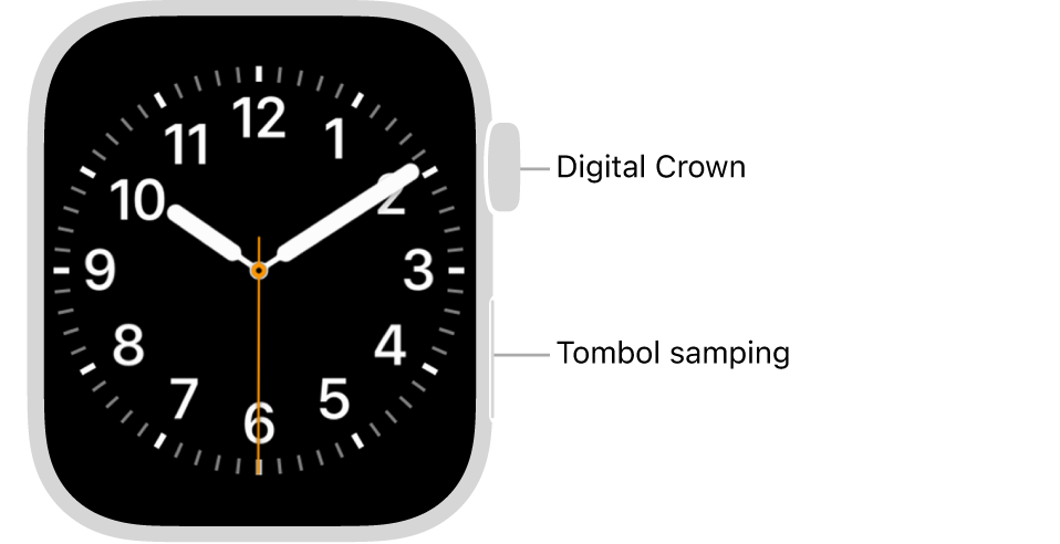 Bagian depan Apple Watch, dengan Digital Crown ditampilkan di bagian atas di sebelah kanan jam dan tombol samping ditampilkan di kanan bawah.