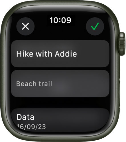 La schermata Modifica nell’app Promemoria su Apple Watch. Il nome del promemoria è nella parte superiore, con sotto una descrizione. Nella parte inferiore dello schermo sono presenti la data e l’ora in cui verrà visualizzato il promemoria. In alto a destra è visibile un segno di spunta. In alto a sinistra è visibile il pulsante Chiudi.