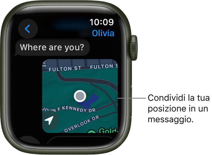 L’app Messaggi con una mappa con la posizione contrassegnata di una persona.