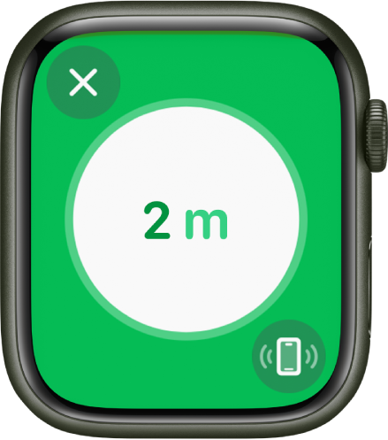 La schermata “Posizione precisa” che mostra che iPhone è a 2 metri di distanza. Il pulsante “Fai suonare iPhone” è in basso a destra.