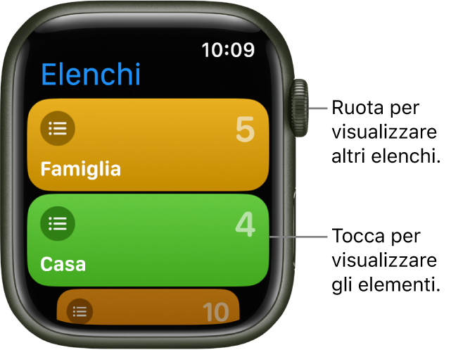 La schermata con gli elenchi dell’app Promemoria con due pulsanti elenco: Famiglia e Casa. I numeri sulla destra indicano il numero di promemoria presenti in ciascun elenco. Tocca un elenco per visualizzarne gli elementi oppure ruota la Digital Crown per consultare altri elenchi.