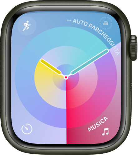 Il quadrante Palette con un orologio analogico al centro e quattro complicazioni: Allenamento, in alto a sinistra, il waypoint con la posizione dell’auto parcheggiata, in alto a destra, Timer, in basso a sinistra, e Musica, in basso a destra.