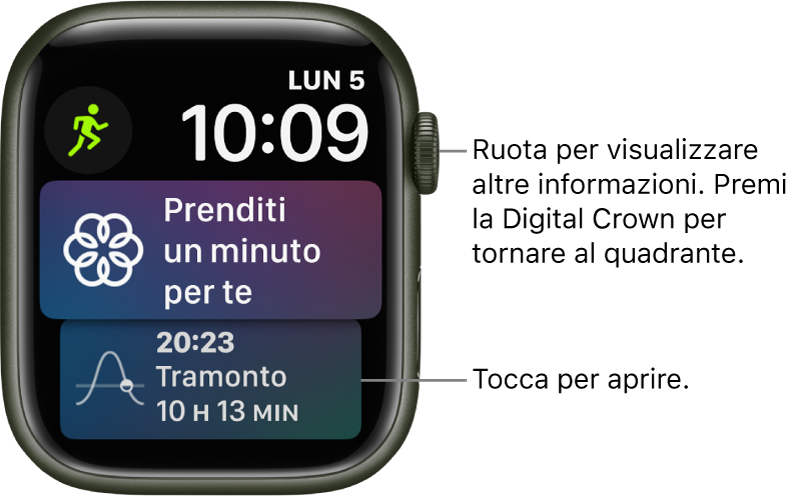 Il quadrante Siri con la data e l’ora in alto a destra. In alto a sinistra è visibile la complicazione Allenamento. Sotto, è visibile la complicazione Mindfulness. In basso, è presente la complicazione Alba/Tramonto.