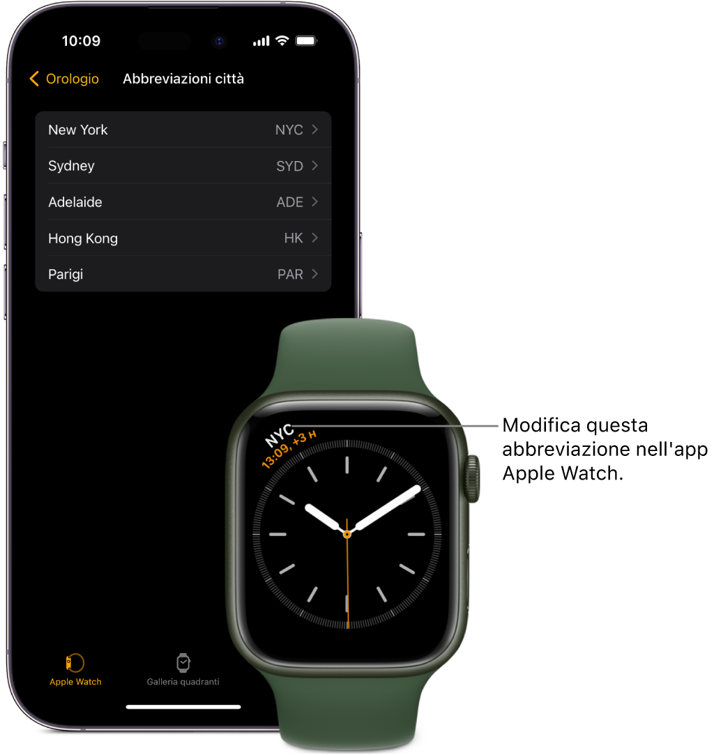 iPhone e Apple Watch, uno accanto all’altro. Lo schermo di Apple Watch mostra l’ora locale di New York con l’abbreviazione NYC. La schermata di iPhone mostra l’elenco delle città nelle impostazioni Orologio nell’app Watch.