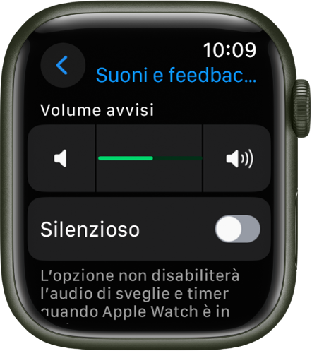 Le impostazioni “Suoni e feedback aptico” su Apple Watch, con il cursore “Volume avvisi” in alto e l’interruttore Silenzioso sotto.