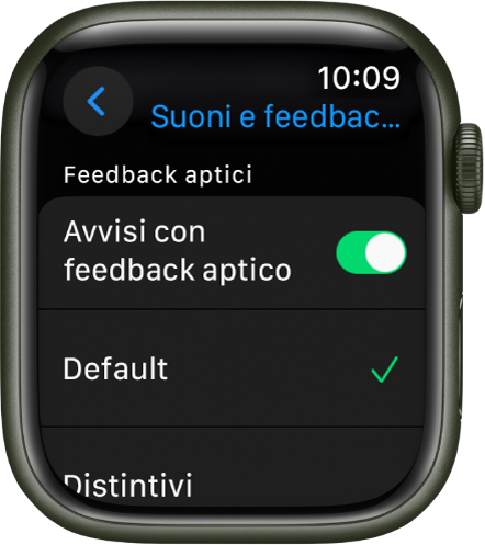 Impostazioni “Suoni e feedback aptico” su Apple Watch, con l’interruttore “Avvisi con feedback aptico” e le opzioni Default e Distintivo sotto.